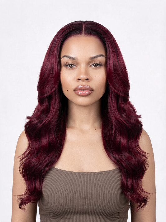 Burgundy lace wig with long voluminous waves framing face, center part on model