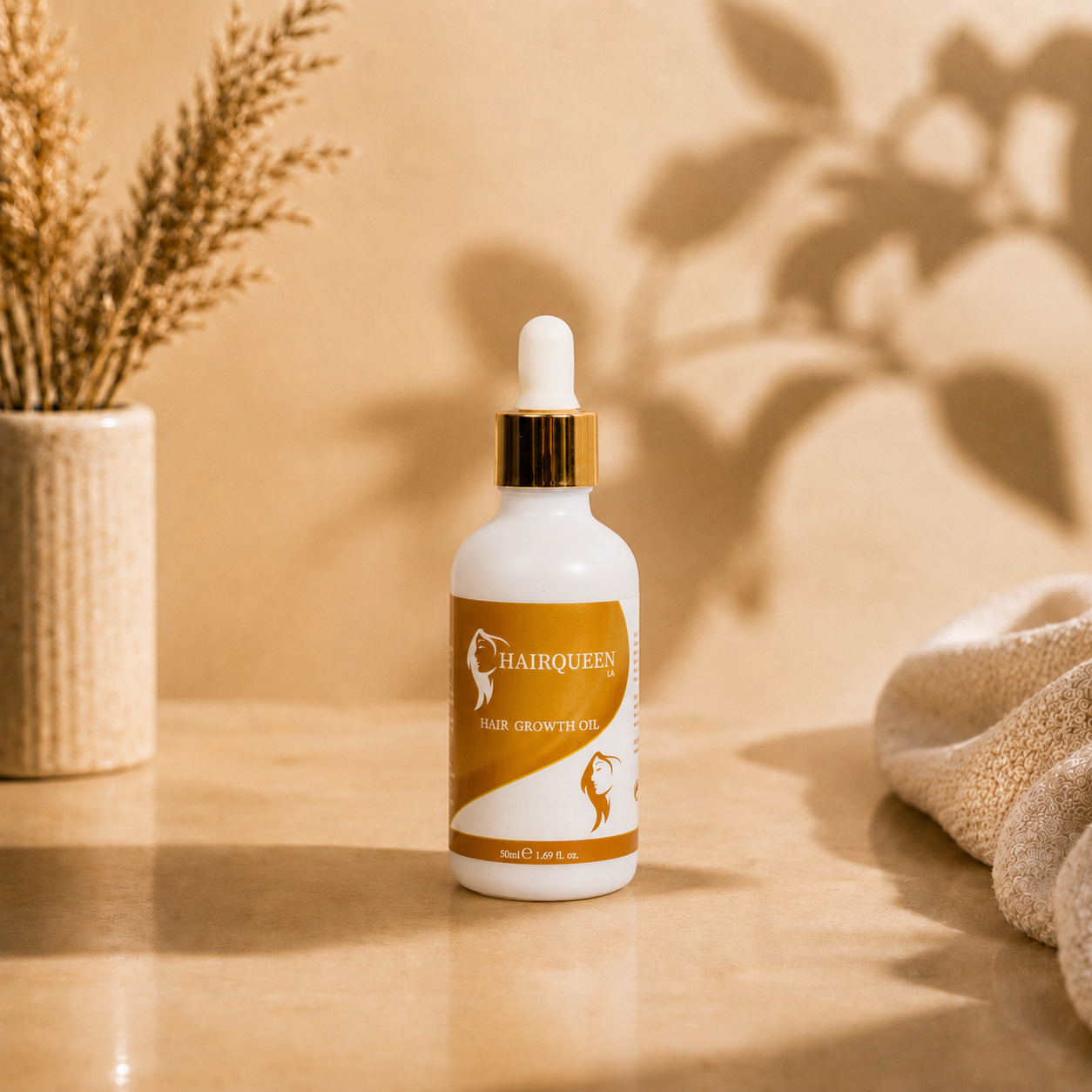 Hair Queen LA hair growth oil bottle with gold cap dropper