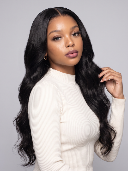 Black long wavy lace wig on model, center part and side view