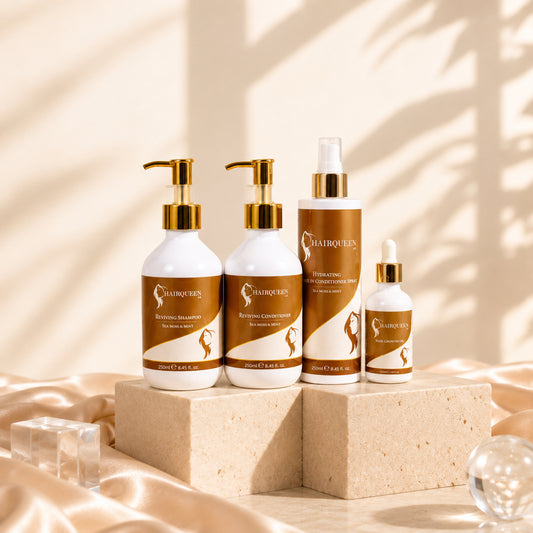 Hair care extension kit with four bottles and gold pump tops on display