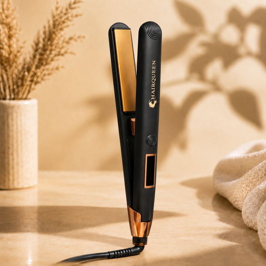 Upright black hair straightener with gold plates and display window