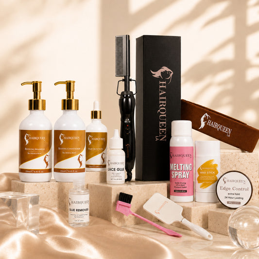 Luxury wig kit with bottles, lace glue, comb, edge control, and styling tools