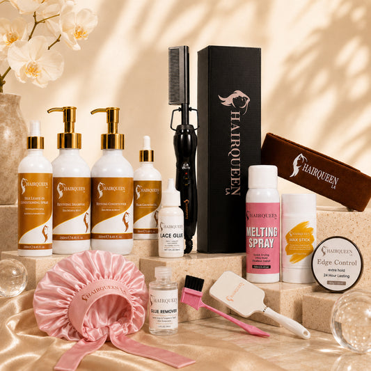 HAIRQUEEN wig kit with styling brush, flat iron, edge control jar, melting spray, lace glue