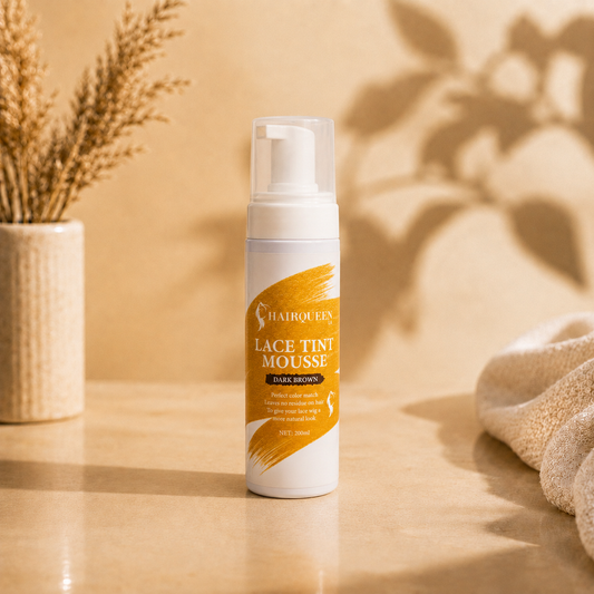 Lace tint mousse bottle with white pump, dark brown shade