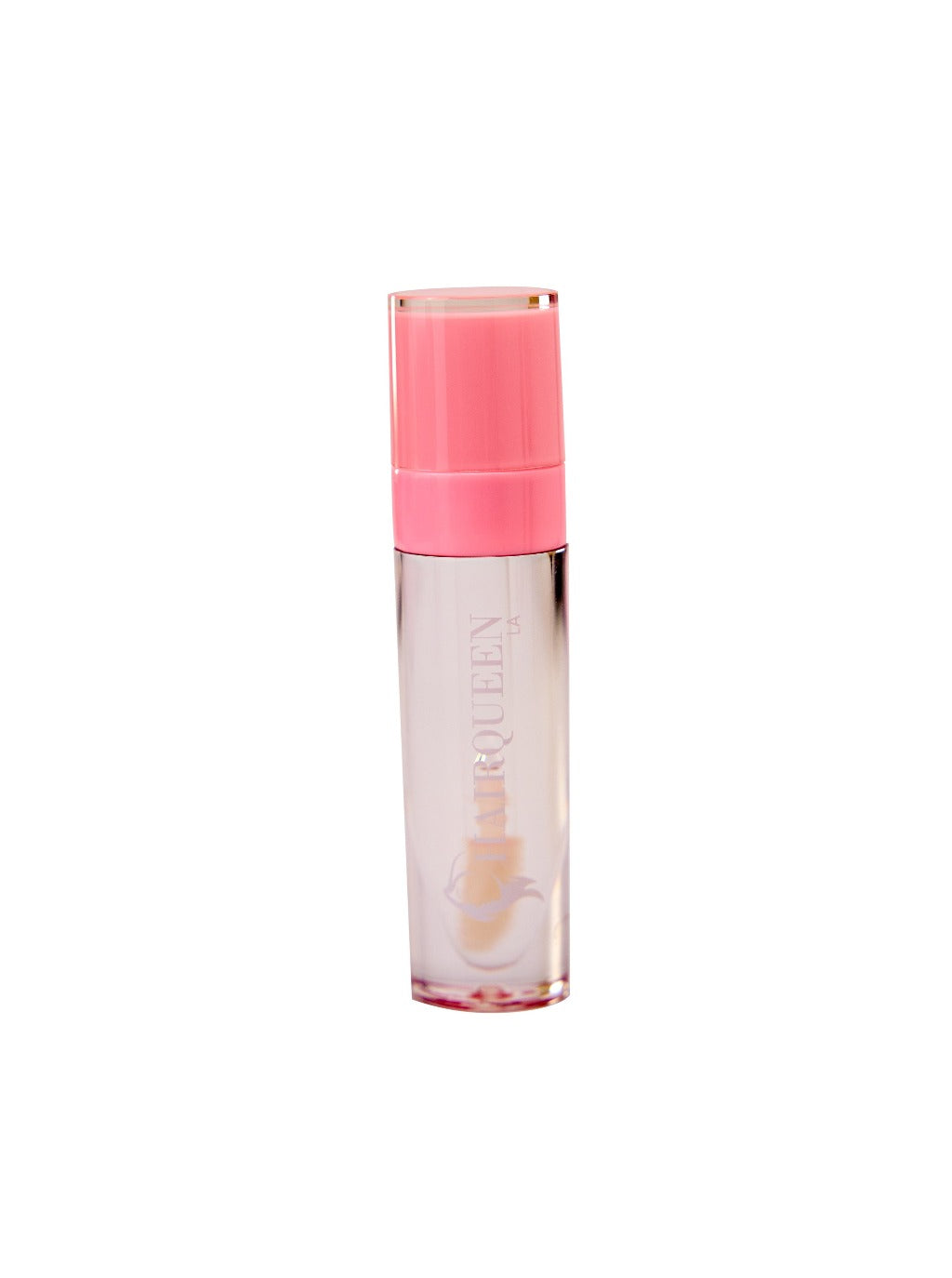 Pink and nude lip gloss tube with clear base and pink cap