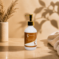 Curl cream bottle with gold pump on light surface, white bottle with orange label