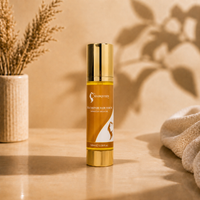 Hair repair serum bottle, amber-orange liquid with gold cap on a tabletop