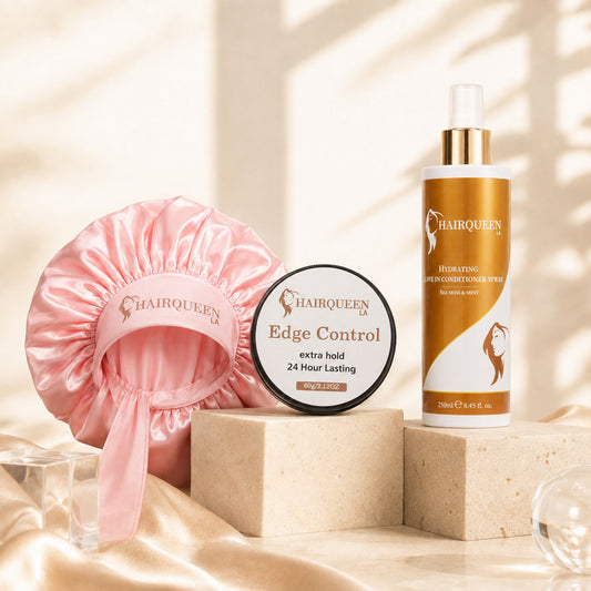 Pink satin hair bonnet with HAIRQUEEN edge control jar and spray bottle
