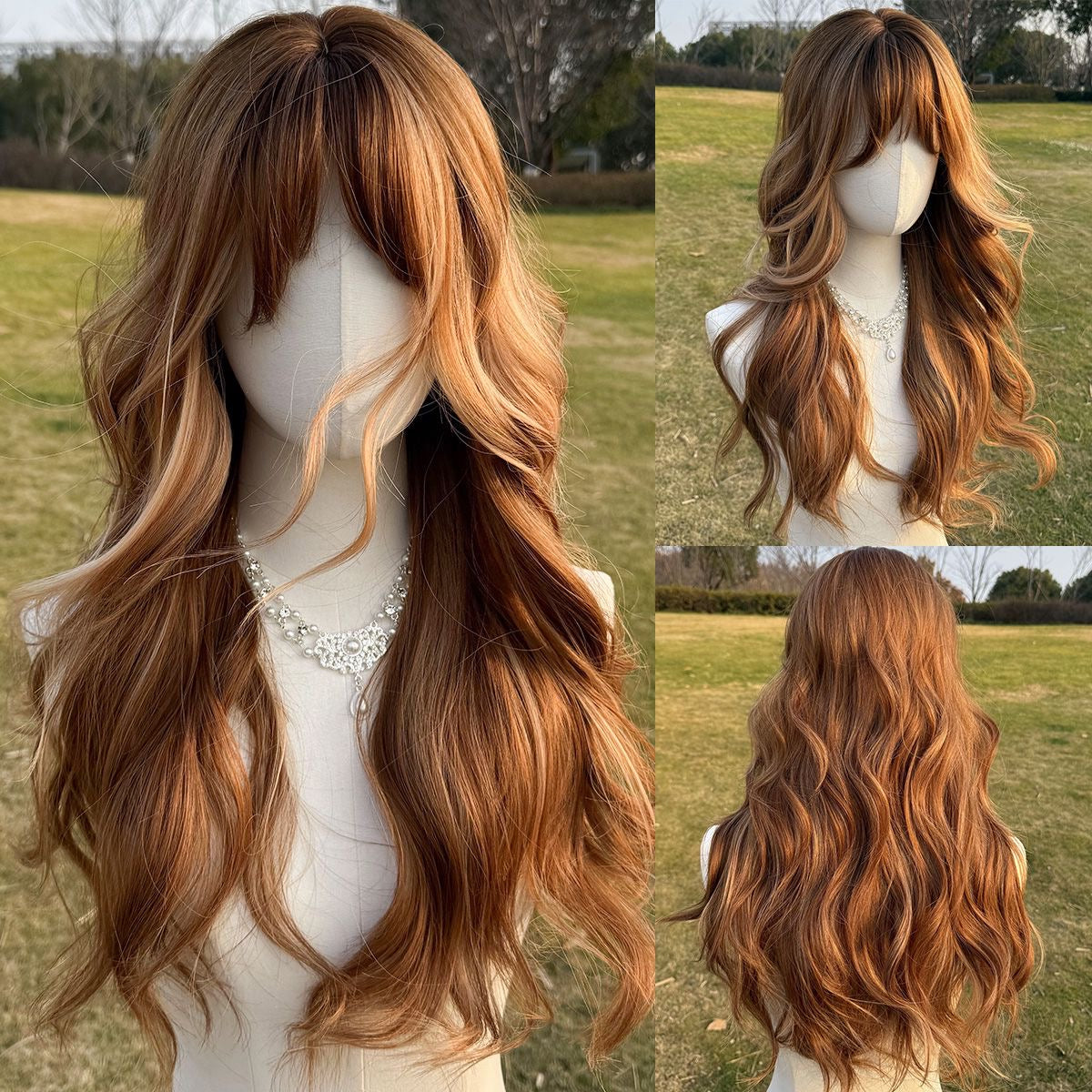 Long wavy auburn-brown wig with bangs and caramel highlights, shown from front and back.