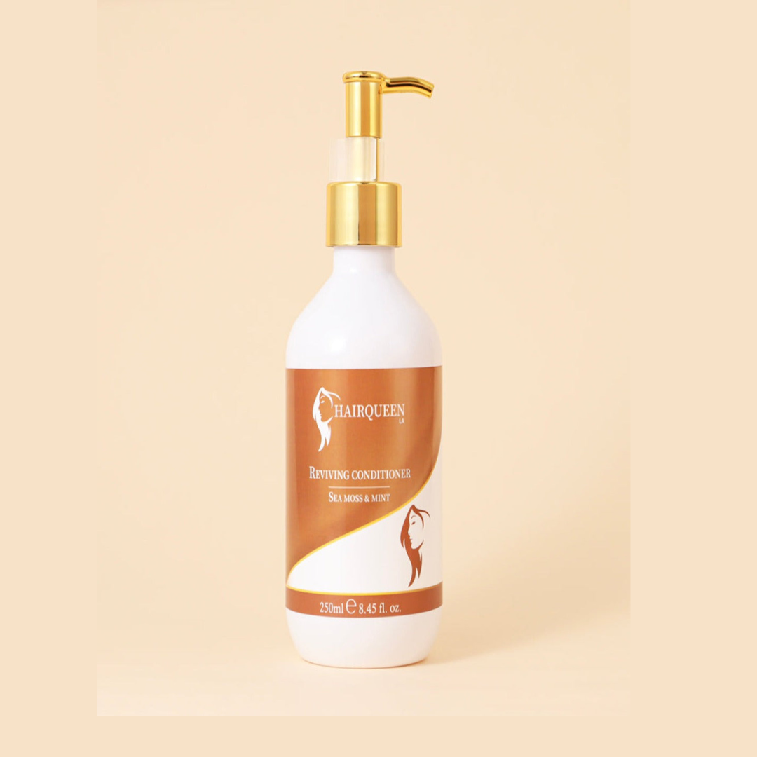 Hairqueen Reviving Conditioner bottle with gold pump and white bottle