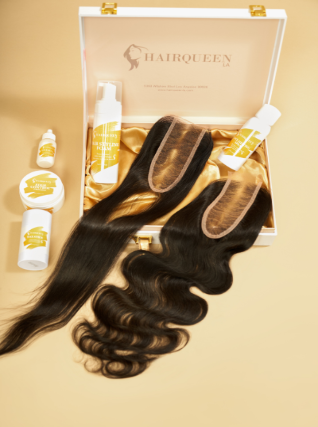 Black lace frontal closure set with body wave hair, lace panels visible