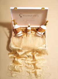 Blonde curly lace closure hair piece inside open box