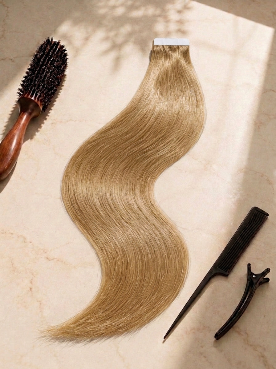 Straight tape-in hair extensions, golden blonde tone with tape weft and clips