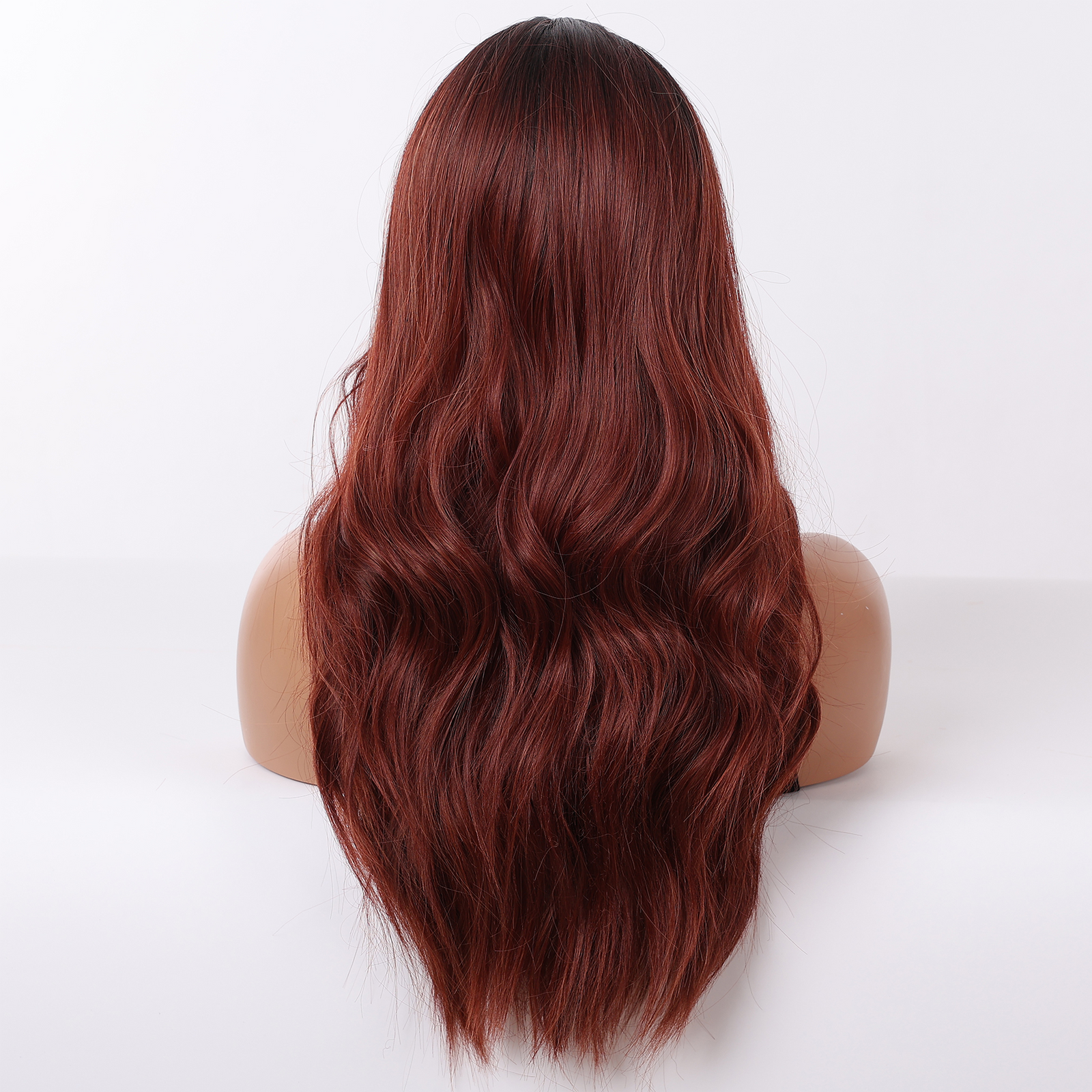 Burgundy synthetic blend wig with long wavy back view and dark root area