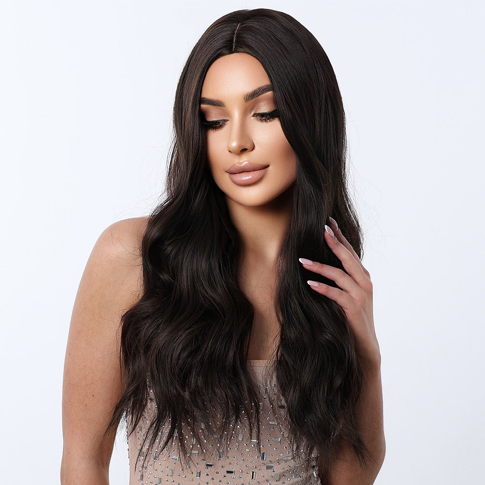 Long Dark Brown Wavy Synthetic Blend Wig