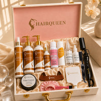 Luxury wig care kit in open HAIRQUEEN case with bottles, lace glue, melting spray, tools
