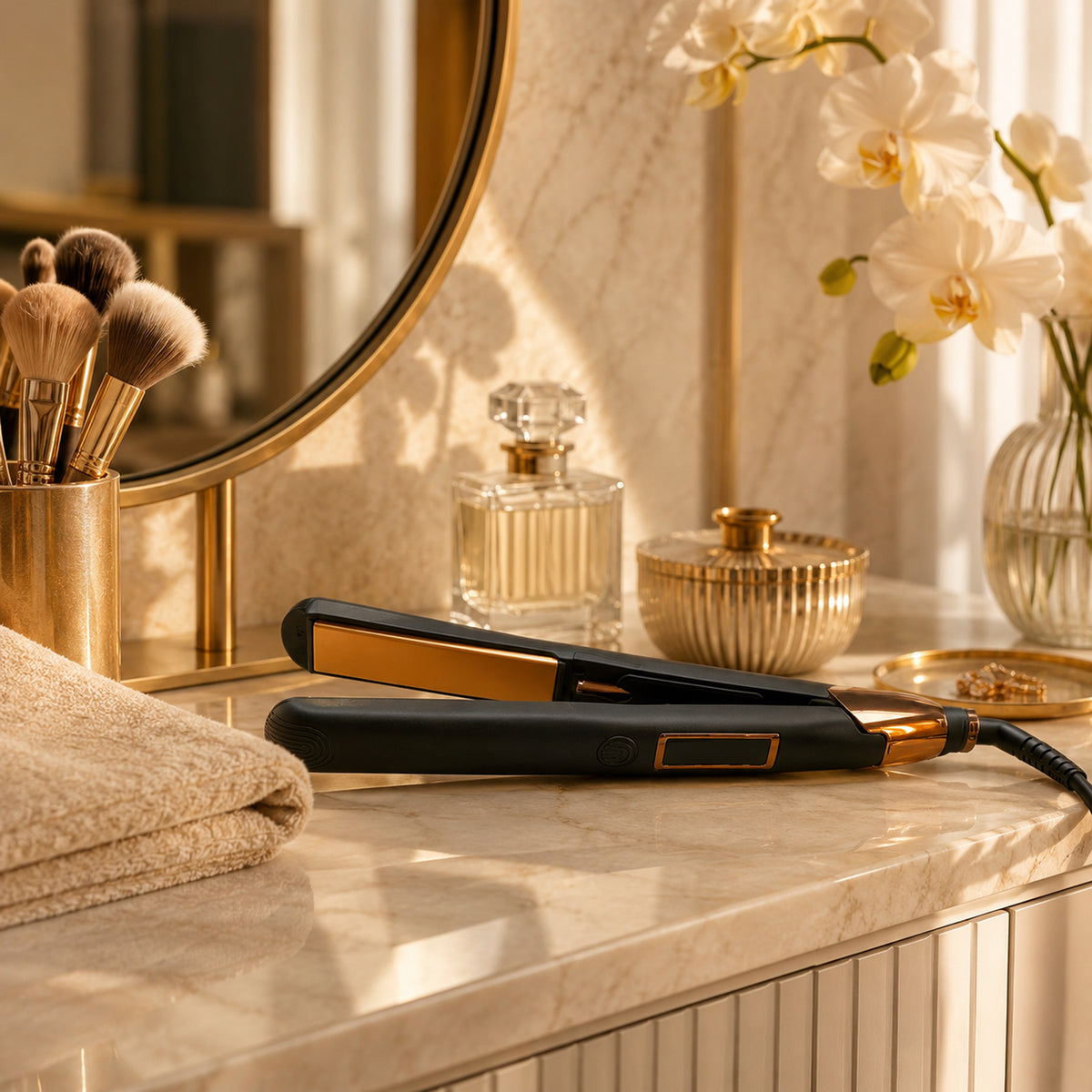 Black flat iron with gold plates and orange indicator display window