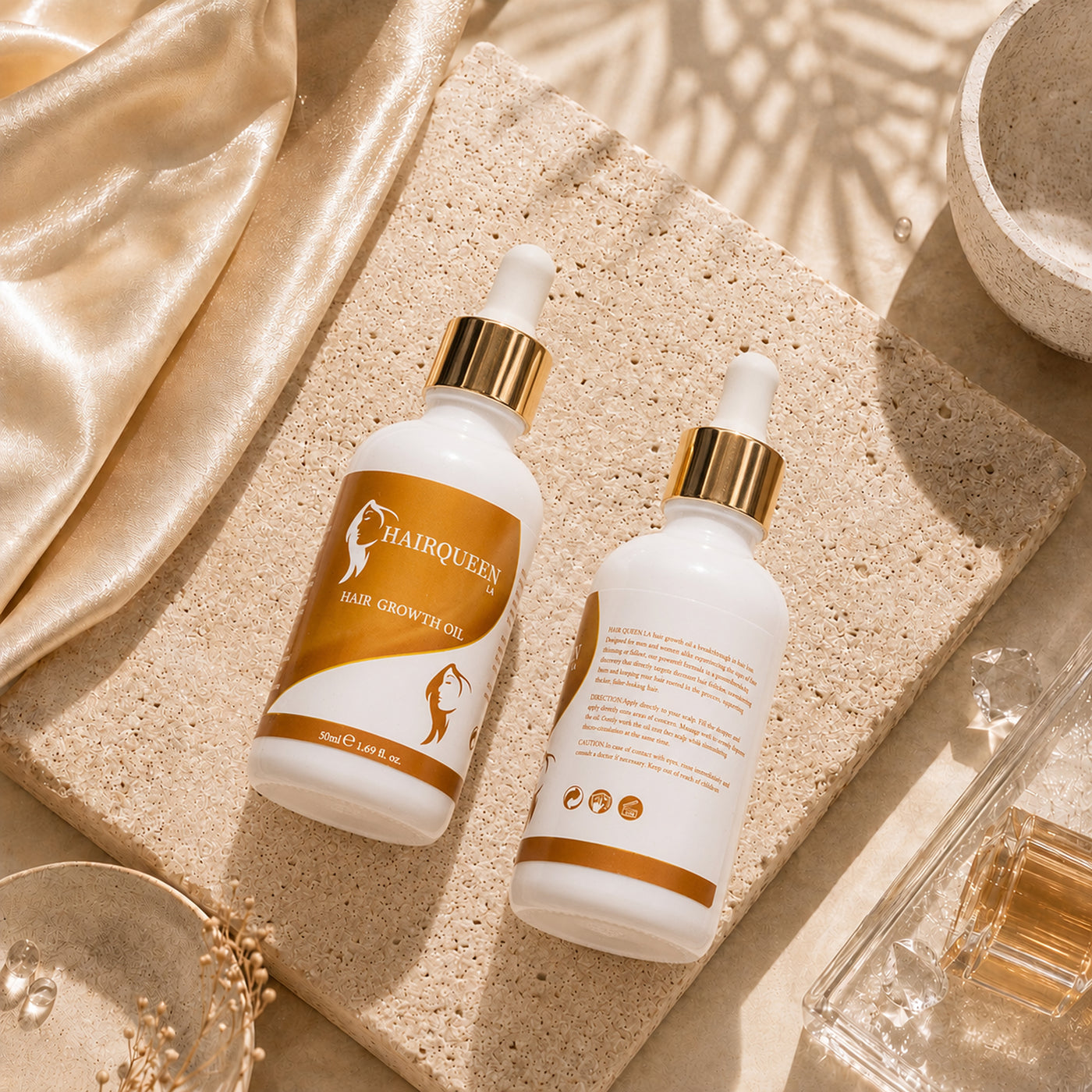 Hair Queen LA hair growth oil bottles set, white droppers with gold caps