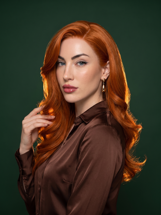 Auburn long wavy lace wig with defined part and loose curls