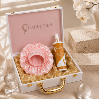 Gift box set with pink satin hair extension cap and amber extension care bottle