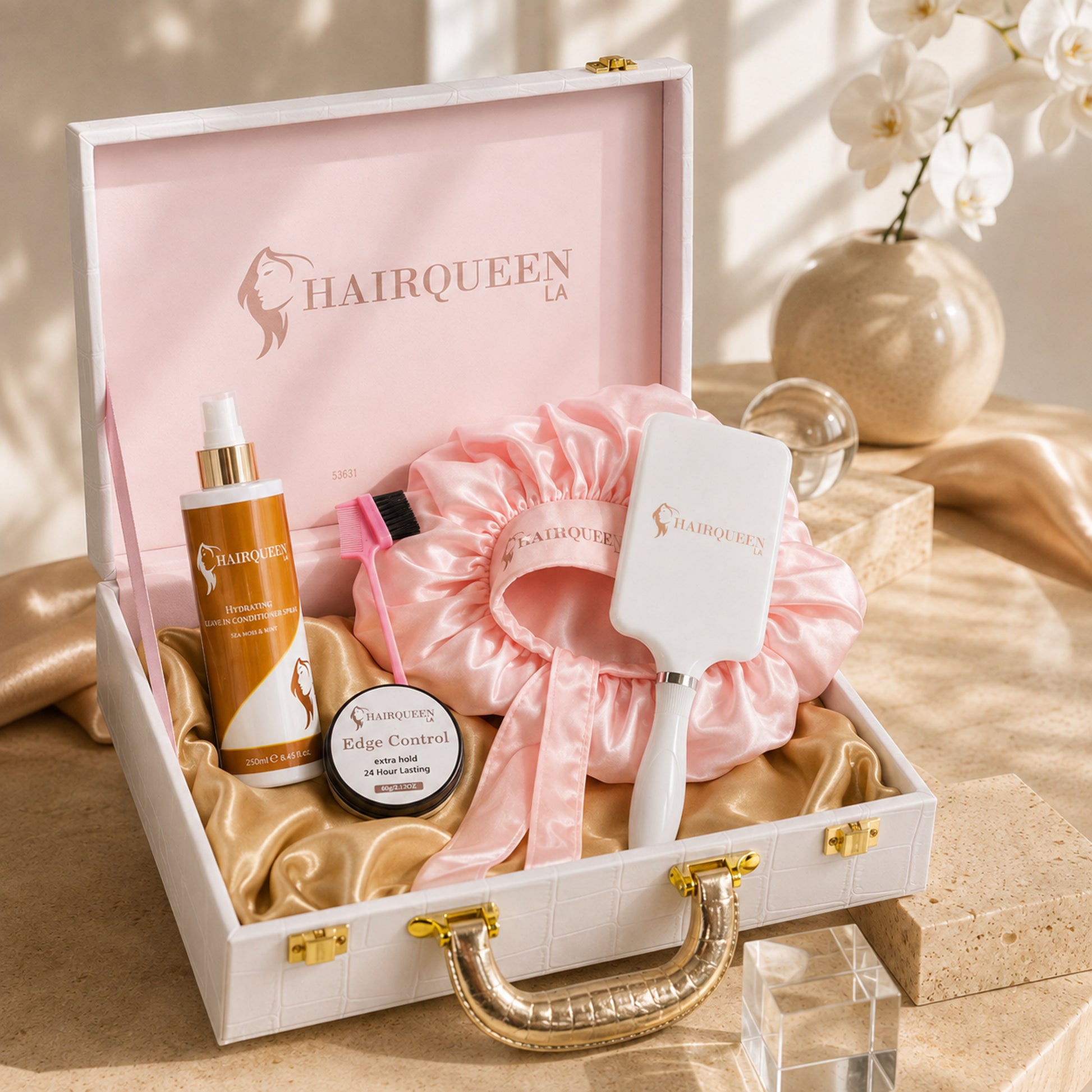 Hair extension care kit set with pink satin bonnet, bottles, and grooming tools in open case