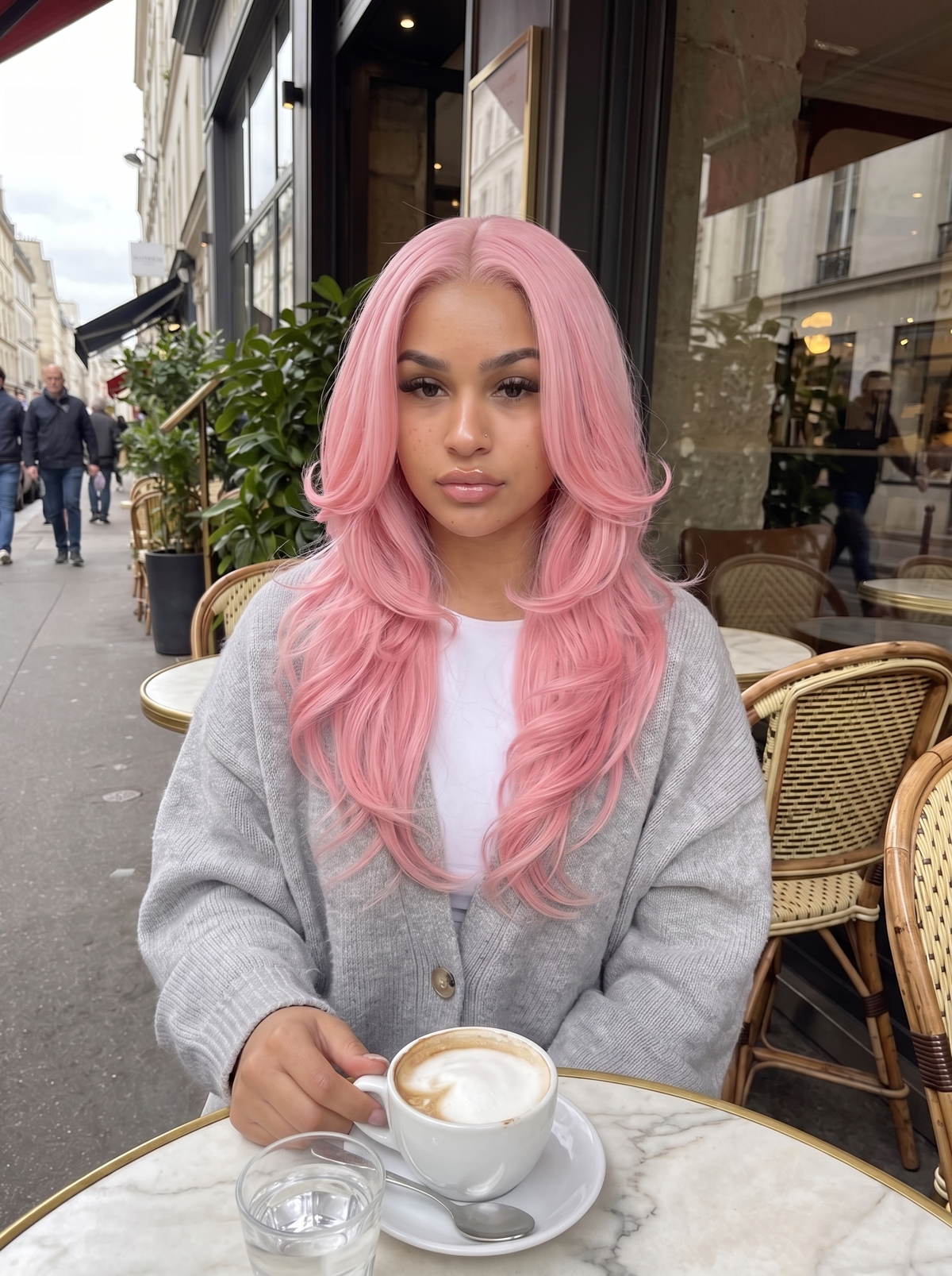 Pink rose long wavy wig with layered volume and middle part, front-facing style