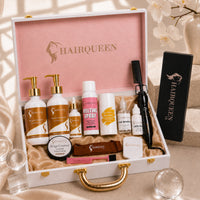 Luxury wig kit in open case with melting spray, lace glue, edge control, and brush
