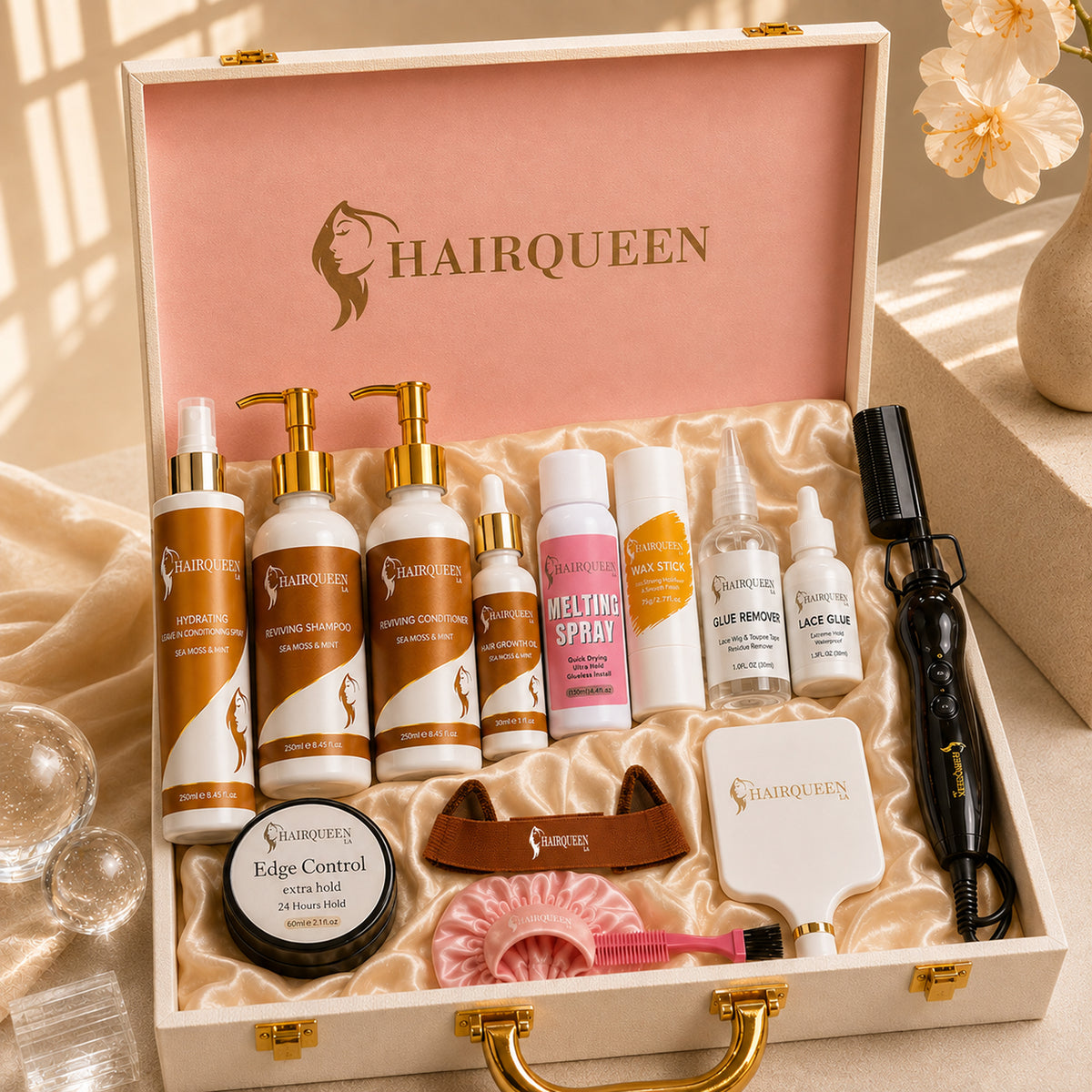 HAIRQUEEN wig kit in open case with haircare bottles, lace glue, melting spray, comb