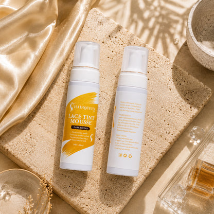 Two lace tint mousse bottles, dark brown front and side label