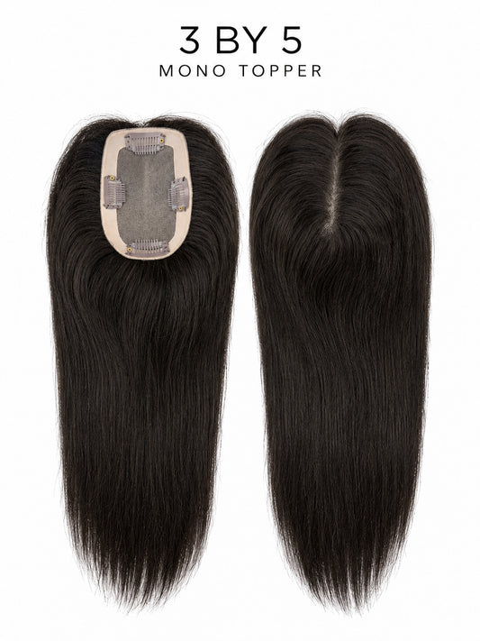 3x5 mono hair topper with dark straight hair, mono base cap visible