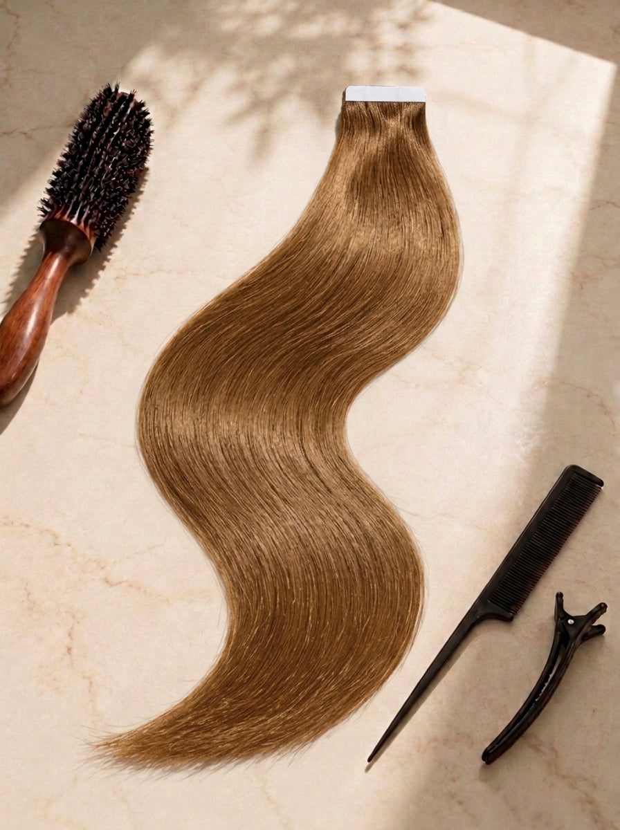 Straight tape-in hair extensions, medium brown tone with tape weft and clips