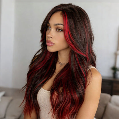 Long Black Loose Curly Synthetic Blend Wig with Bright Red Highlights