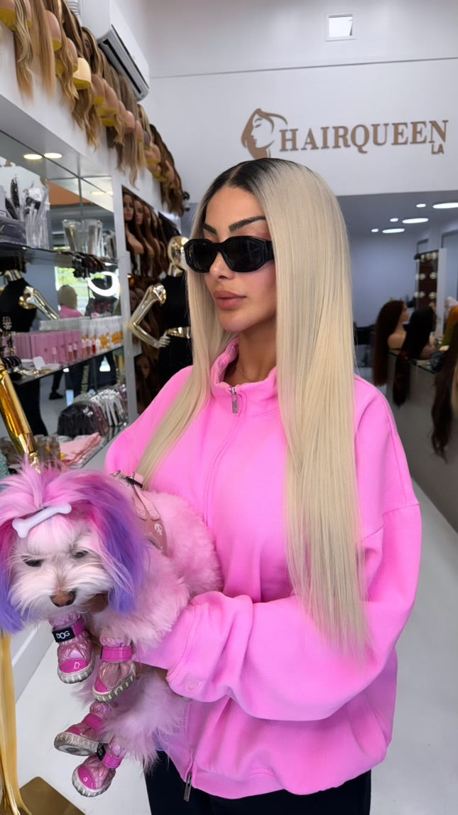 GG lace wig with long straight blonde hair, lace-front style