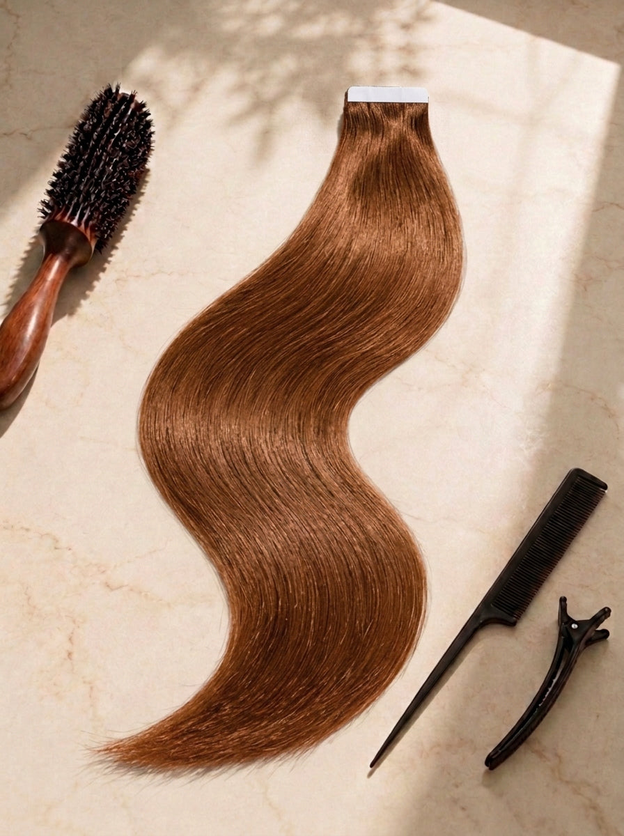 Straight tape-in hair extensions, warm brown tone with tape weft and clips
