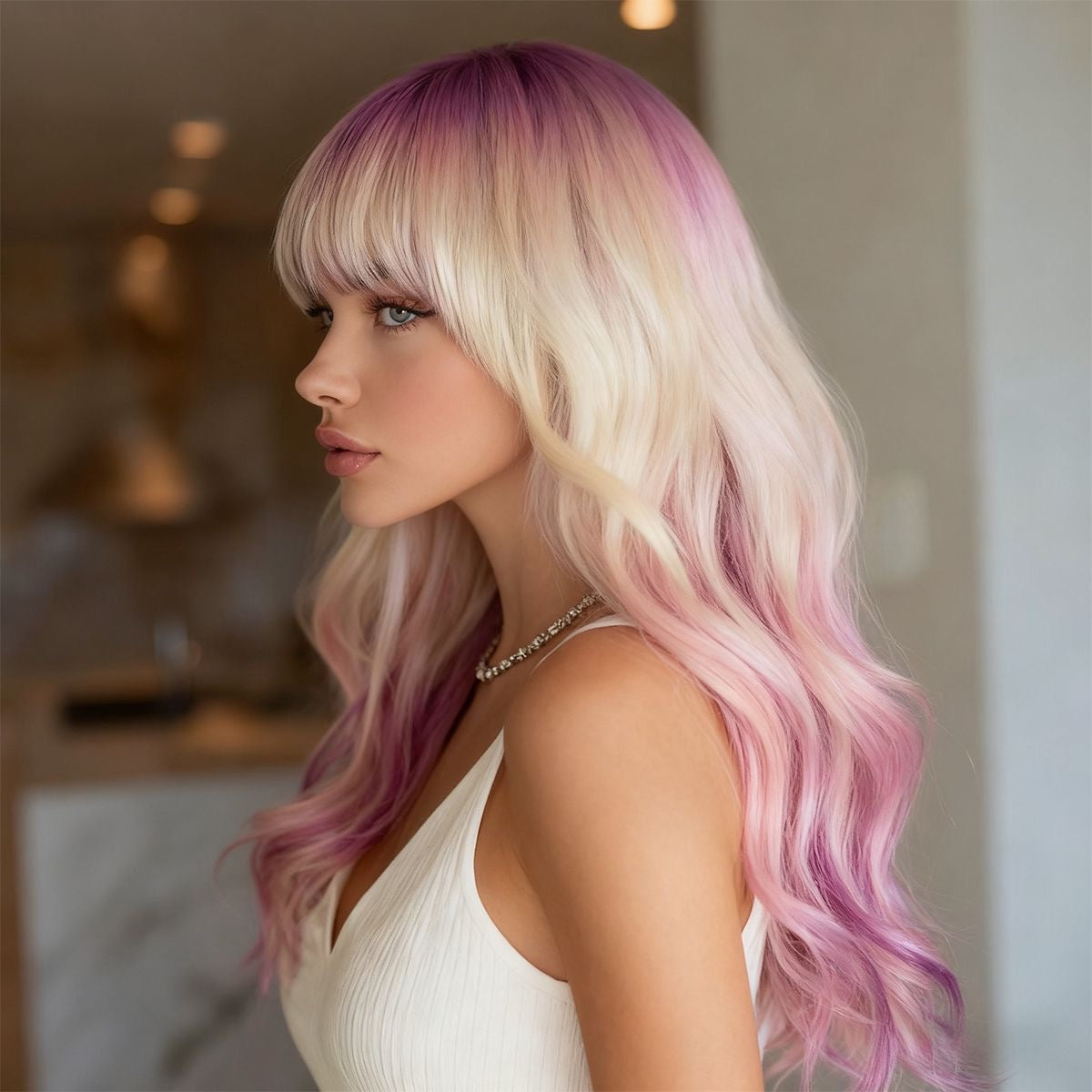 Synthetic blend wavy wig with blonde-to-pink ombre bangs, side waves
