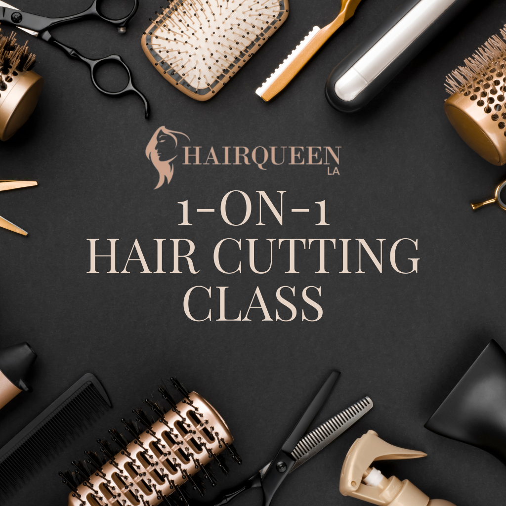 Hair cutting class flyer with comb, scissors, and hair tools