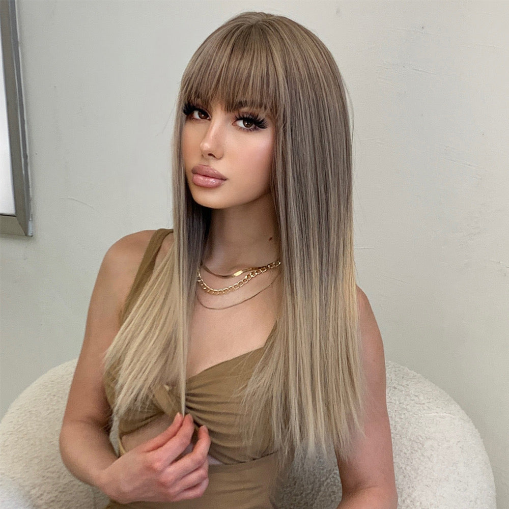 Long straight blonde wig with blunt bangs and smooth highlights