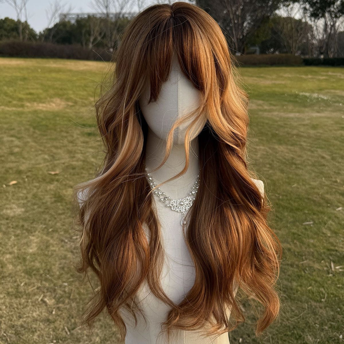 Long Auburn Wavy Synthetic Blend Wig with Bangs and Highlights