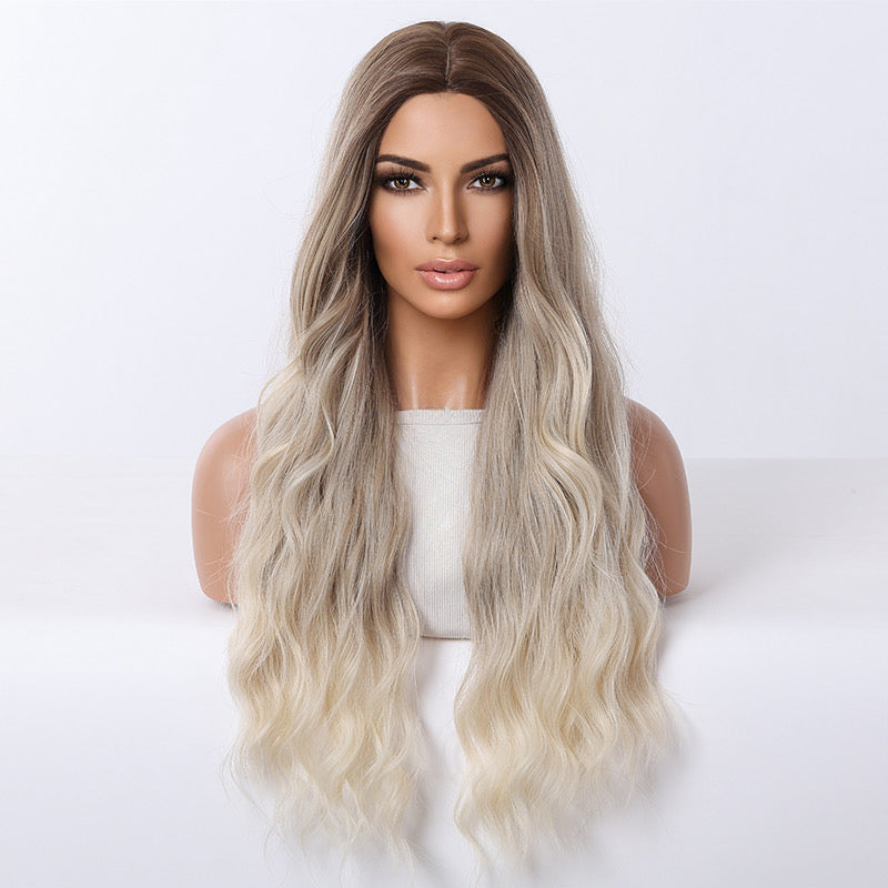 Long ombre body wave synthetic wig, darker roots to platinum blonde waves