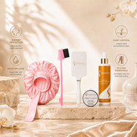 Hair care bundle with pink bonnet, edge control jar, conditioner bottles and styling brush