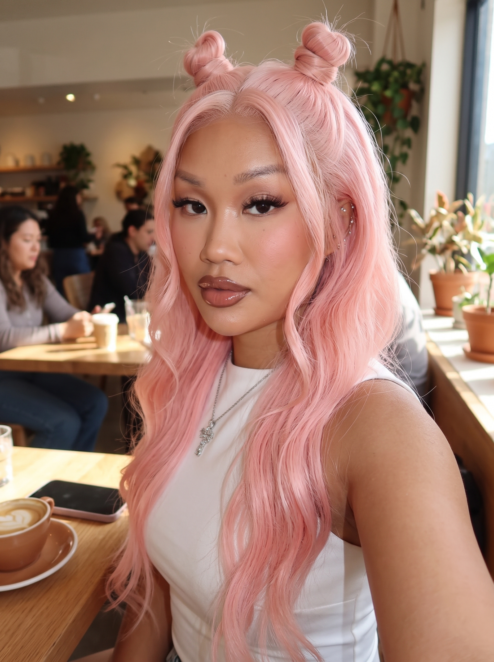 Baby pink long wavy wig on model, side-swept curls and twin top knots