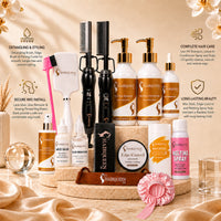 Luxury wig care kit with detangling brush, lace glue, spray, edge control, and styling tools