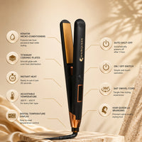 Hair straightener flat iron with black body, gold heating plates, and digital screen