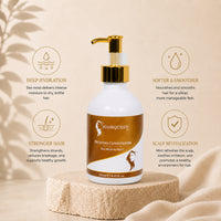 Hair Queen LA conditioner bottle with gold pump on display, white bottle with amber label