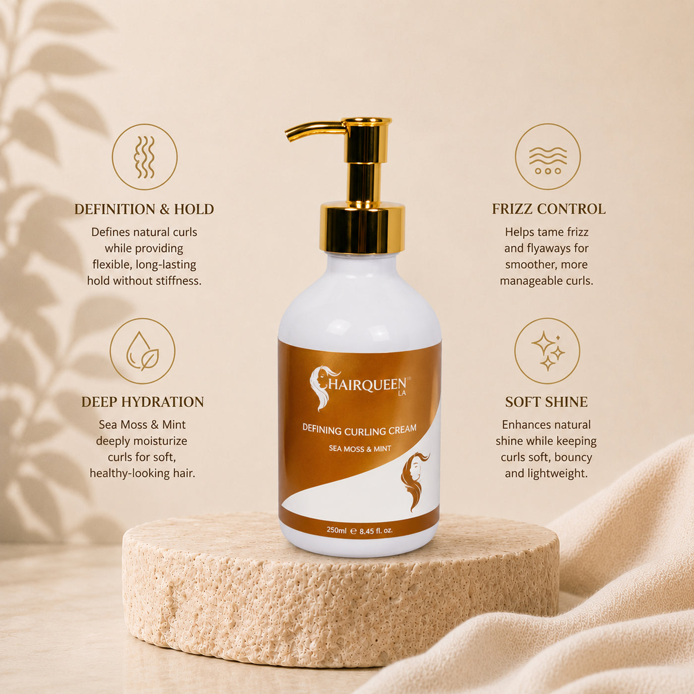 Defining curl cream bottle with gold pump, white bottle and orange label