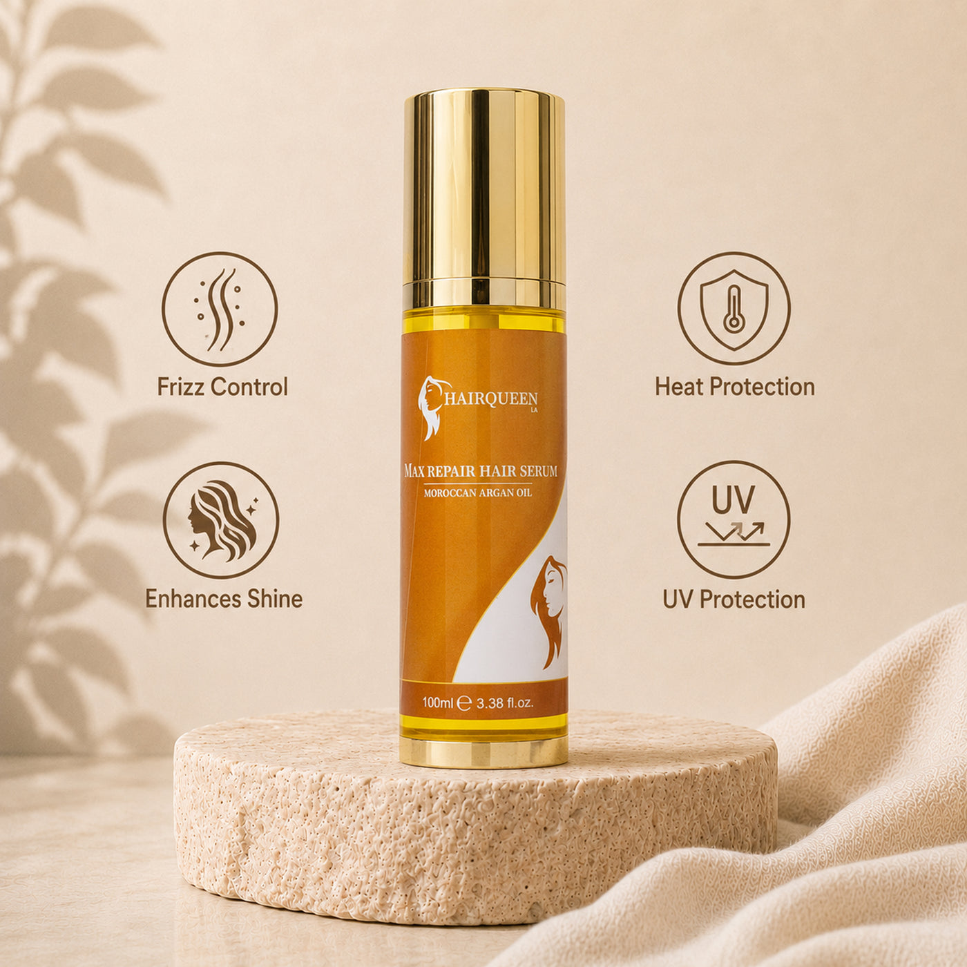 Hair repair serum bottle on pedestal with frizz-control and heat-protection icons