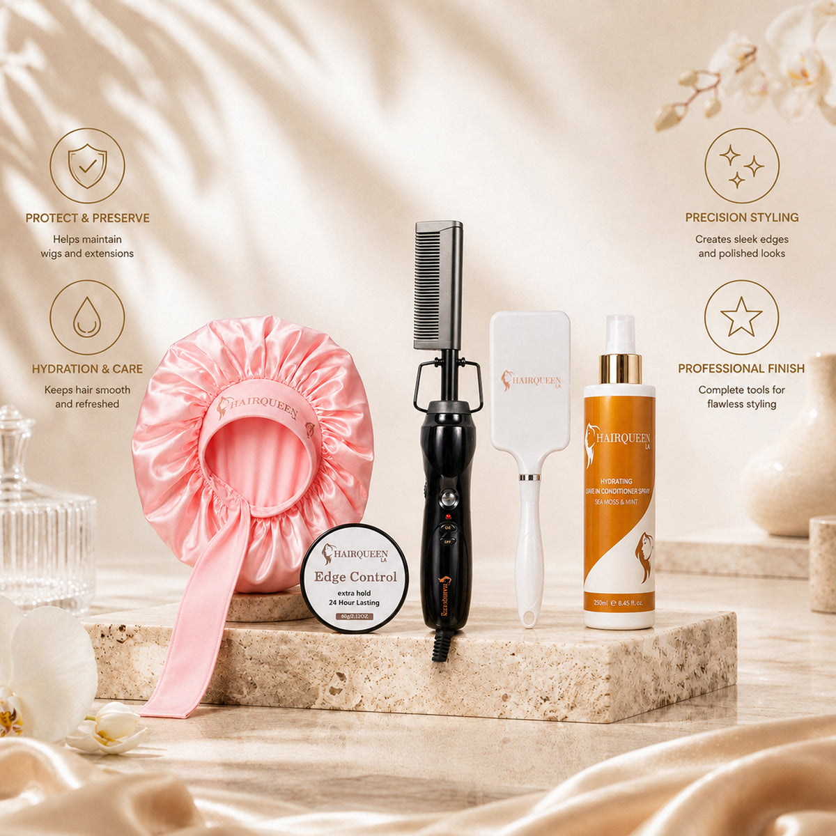 Hair care bundle kit with pink satin bonnet, edge control jar, hot styling brush, bottles