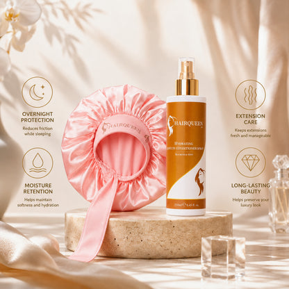 Pink satin hair extension cap and amber extension care bottle with pump, gift kit