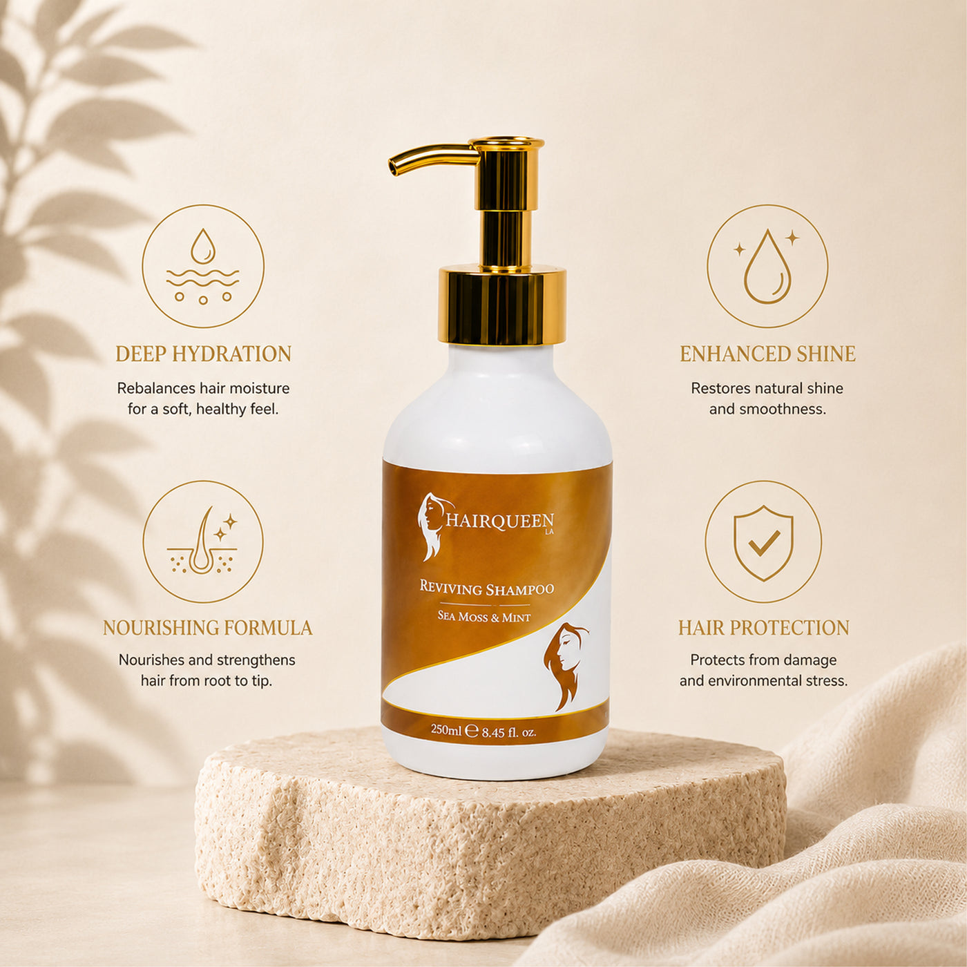 Reviving shampoo bottle with gold pump on pedestal; label with Sea Moss + Mint