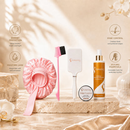 Hair extension care kit with pink bonnet, pink brush, white applicator tools, and bottles